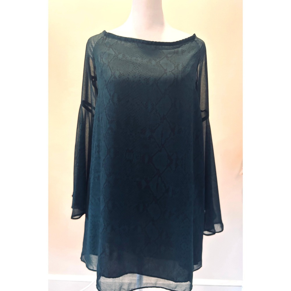 Olivaceous Dark Green Snakeskin Print Bell Sleeve Mini Dress Womens Small EUC